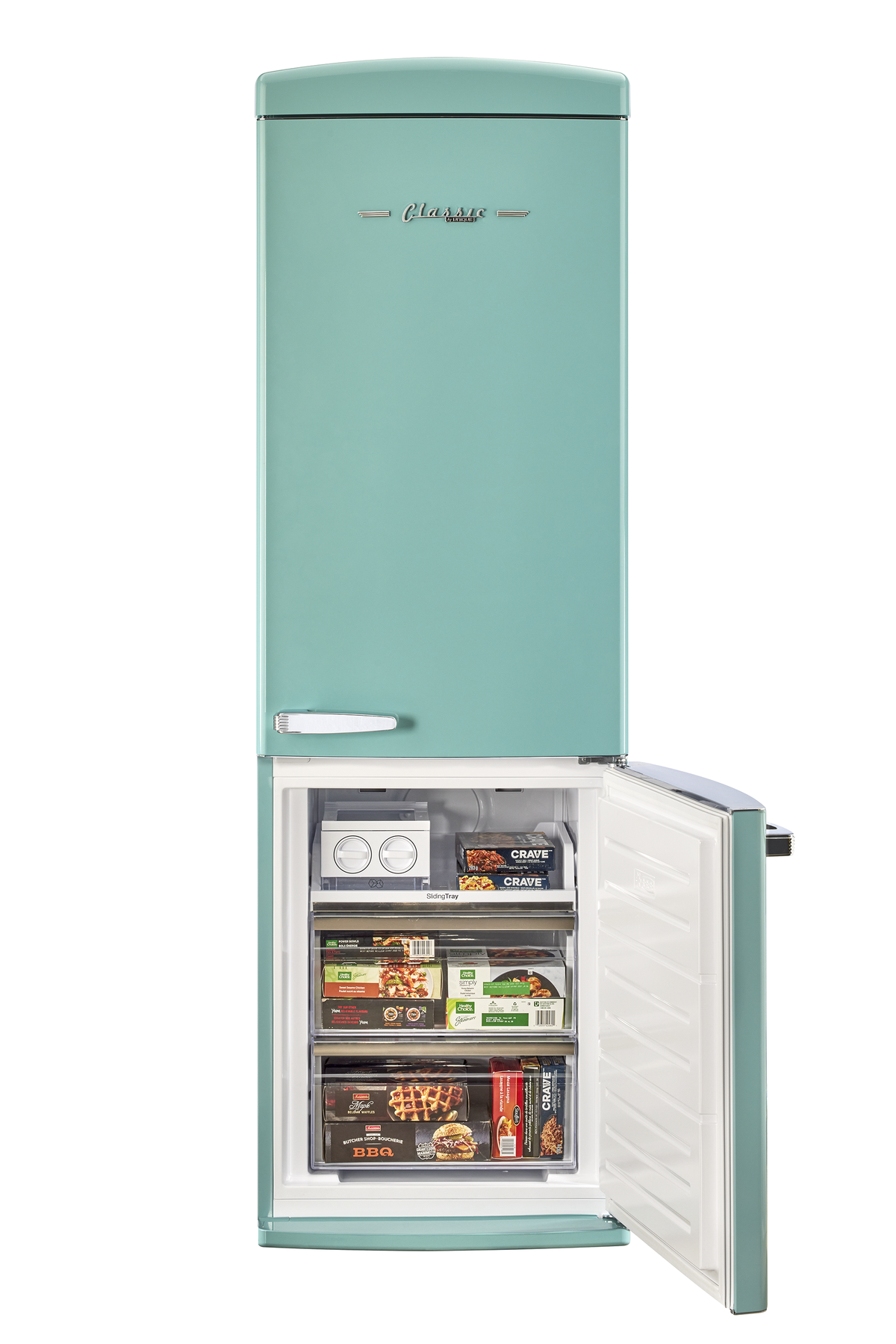 Unique 340Litre Ocean Mist Turquoise Bottom Mount Refrigerator