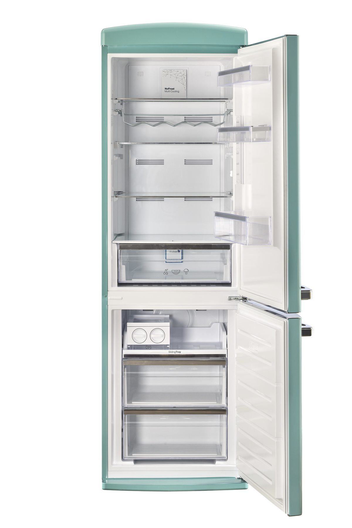 Unique 340Litre Ocean Mist Turquoise Bottom Mount Refrigerator